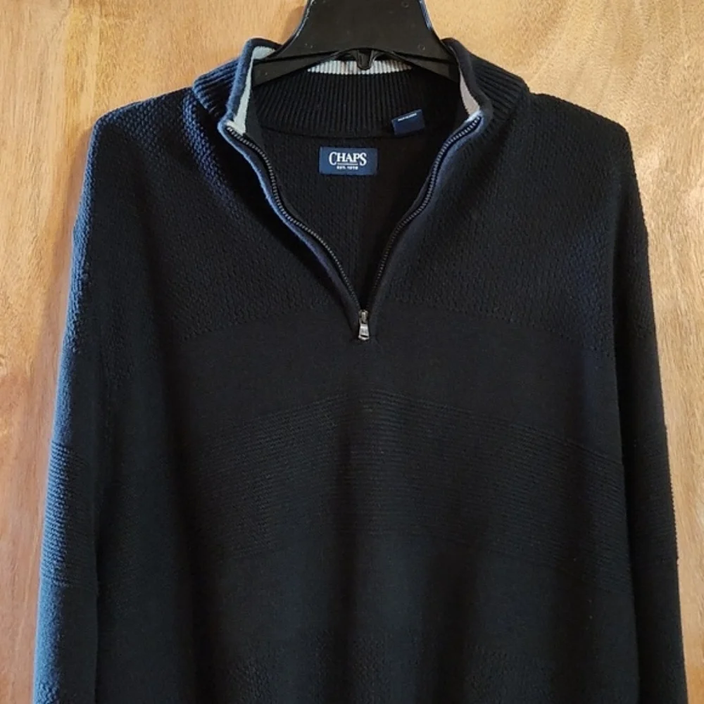 Chaps Mens Pullover Sweater Black Textured Ribbed Quarter Zip 100% Cotton XL